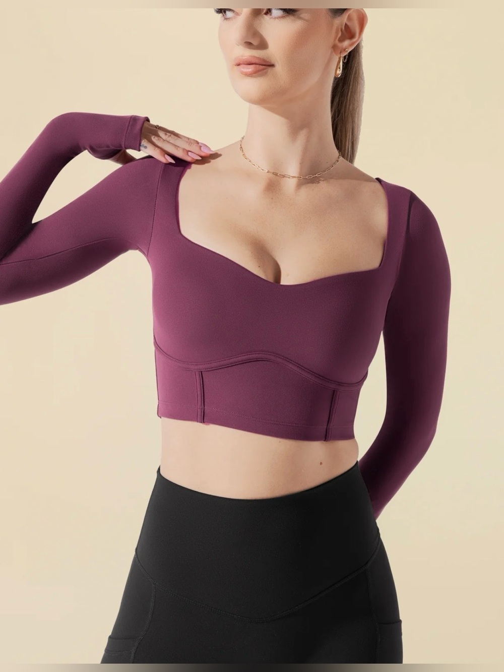 Popflex Active Sweetheart Long Sleeve Crop Top Women's XL Plum Thumbholes NWT